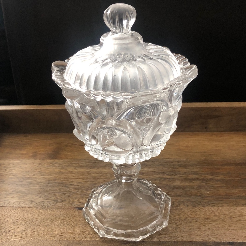 Pressed Glass Covered Compote - Clear Decorative Candy Dish